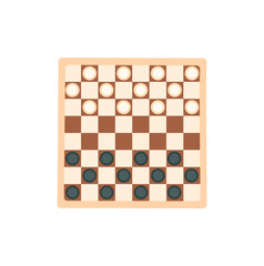 Flat checkers board game with checkerboard and strategy pieces sticker. Classic boardgame for fun and play, ideal for childhood activity or entertainment. Wooden pawn design, sticker format.