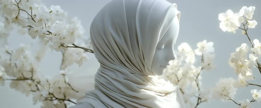 Muslim woman in a hijab. The bride is a maneken in a wedding white festive dress and a hijab. Modesty. Religion of Islam. Wedding and engagement. A woman in a beautiful white dress against a backgroun