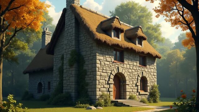CGI Historic stone building with thatched roof surrounded