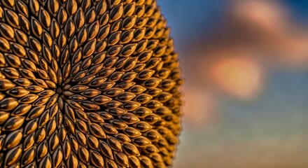 Close-up of sunflower seeds, golden textures and natural background with sky details