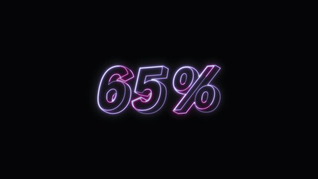  65 Percent Neon Text Seamless Loop 4K with Black Background Animated Promotional Typography for Video Editing