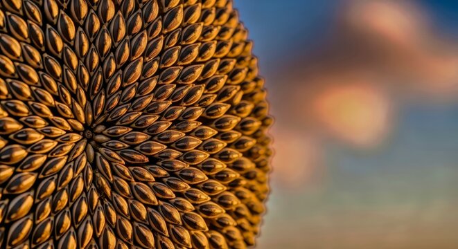 Close-up of sunflower seeds, golden textures and natural background with sky details - Powered by Adobe