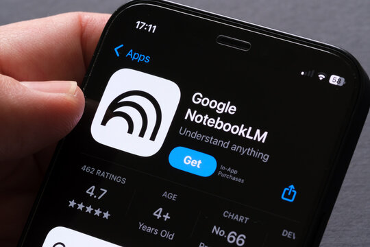 Google NotebookLM App Store listing on iPhone spotlights generative AI, research summarization and productivity in knowledge management. Stafford, United Kingdom, September 14, 2025