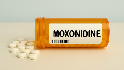 Box of MOXONIDINE tablets on a hospital pharmacy table used to treat high blood pressure an imidazoline receptor agonist.