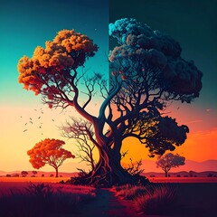 Two-toned tree in a landscape