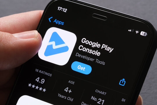 Google Play Console App Store listing on iPhone highlights app development, publishing tools and developer analytics for mobile apps. Stafford, United Kingdom, September 14, 2025