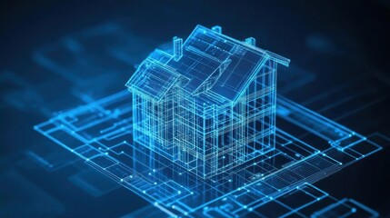 Digital blueprint of a house with glowing blue lines