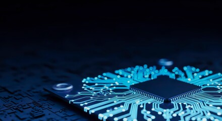 Complex circuit board with cybernetic style and neon light detail, futuristic digital design