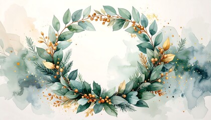Round floral wreath, muted greens & golds, watercolor-style background