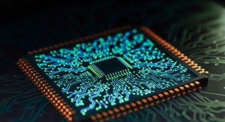 Computer Processor Close-Up: Technology and Circuit Board Detail with Neon Colors