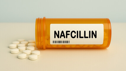Box of NAFCILLIN tablets on a hospital pharmacy table used to treat bacterial infections a penicillin antibiotic.