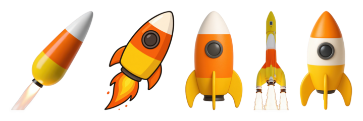 Orange, yellow, and white rocket ship set including launching and stationary variations isolated. Space exploration, startup, and progress concepts.