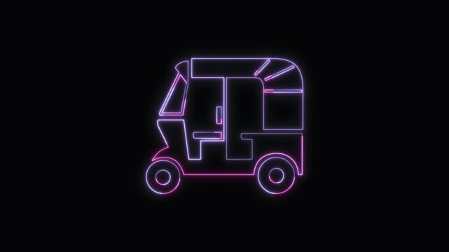  Auto Rickshaw Icon Neon Seamless Loop 4K with Black Background Animated Promotional Typography for Video Editing