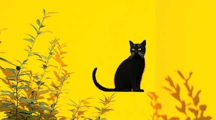 Black cat yellow backdrop plant shadows