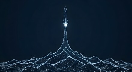 Abstract Spaceship Launching Over Mountains Technology Concept.