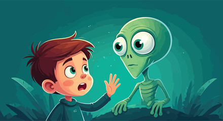 A surprised cartoon boy meets a curious green alien.