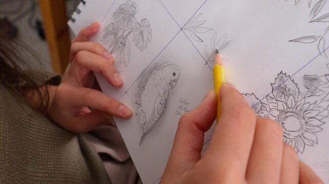 Female artist drawing parrot with precision using grid method on sketchbook, working intently in peaceful home studio environment