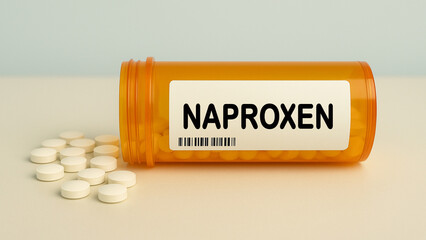 Box of NAPROXEN tablets on a hospital pharmacy table used to relieve pain inflammation and fever a...