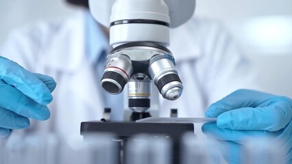 Scientist using microscope in laboratory. Close-up of a researcher's hands adjusting a modern microscope in a lab setting