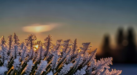 Frozen plant needles at sunset crystalline ice nature background winter weather