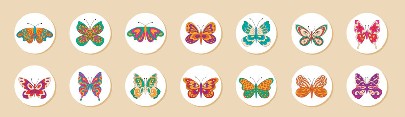 Groovy butterfly sticker label set in retro and funky style with colorful circle patch. Each butterfly appears as a y2k label for package lid, ideal for vibrant package seal or trendy patch set.
