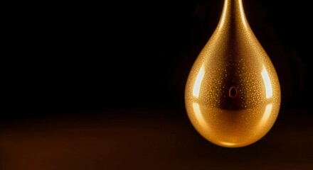 Golden teardrop shaped sphere with sparkling texture and dark background, oil