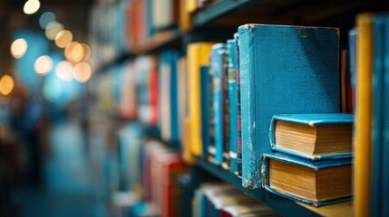 Vintage Books On Library Shelves With Blurred Background