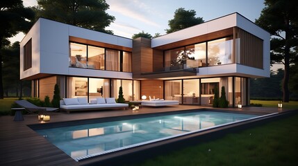 Contemporary dream home oasis: A luxurious villa with a pristine pool at sunset splendor