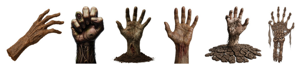 Horror monster hand set including gnarled wood, exposed flesh, dirt, cracked earth, and skeletal forms isolated. Halloween and dark fantasy elements.