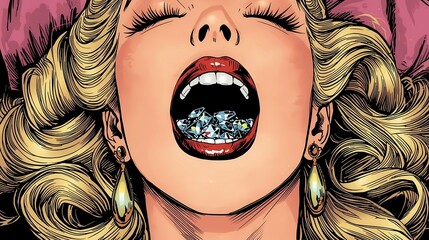 口内にダイヤモンドを含んだ白人金髪女性のPOPアートイラスト