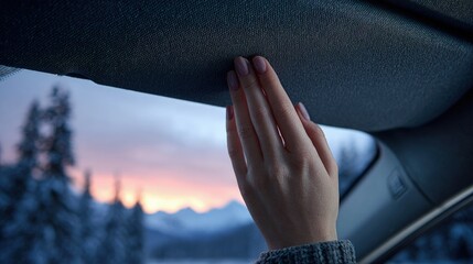 Obraz premium Woman's Hand Touching Icy Car Window At Sunrise