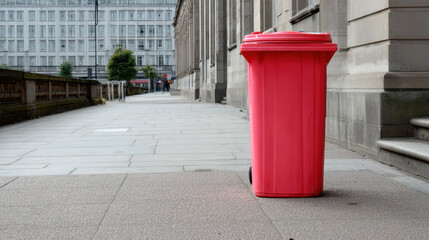 Vibrant pink trash bin stands prominently on city sidewalk, surrounded by modern architecture. scene captures urban life, showcasing contrast between colorful bin and neutral tones of surroundings