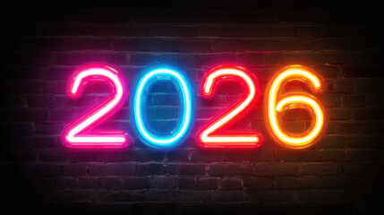 Neon lights illuminate year 2026 against dark brick wall, creating vibrant and modern atmosphere that evokes excitement and anticipation for future