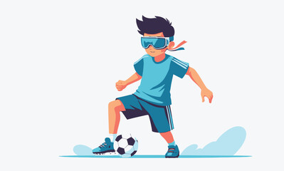 Young boy wearing virtual reality goggles playing soccer.