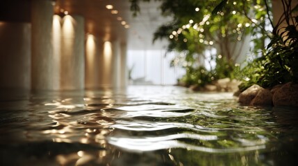 Naklejka premium Focused medium shot of rippling water surface inside a serene room with the surroundings artfully blurred showcasing natural water elements in biophilic interiors.