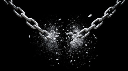 Broken chain symbolizes freedom and strength, with fragments scattering in dramatic display against black background. image evokes sense of liberation and resilience