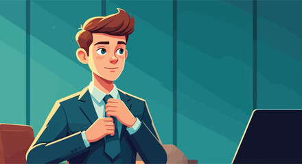 Young Cartoon Businessman in a Suit Adjusting His Tie.