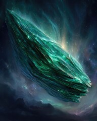 Emerald Crystal Spaceship In Deep Space