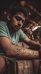 Close Up Portrait Of Young Man With Dusty Arm