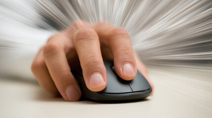 Hand gripping computer mouse, with blurred background creating sense of speed and urgency. image conveys focus and action in digital environment