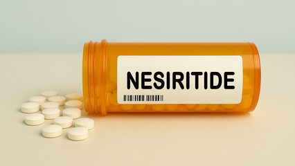 Box of NESIRITIDE tablets on a hospital pharmacy table used to treat acute heart failure a...
