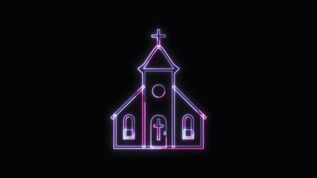  Church Icon Neon Seamless Loop 4K with Black Background Animated Promotional Typography for Video Editing