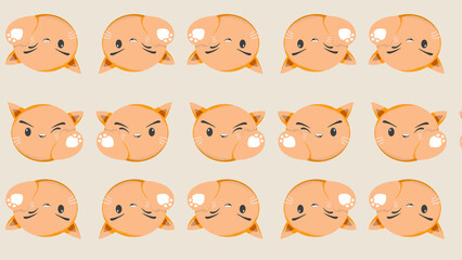 Fototapeta premium A delightful pattern of cute cartoon orange cats showcasing various cheerful expressions, arranged in a repeating layout that conveys joy and friendliness.