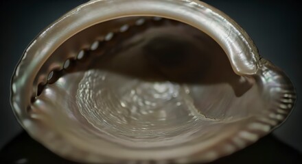Macro close-up of a pearlescent seashell with iridescent surface and textured interior