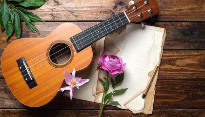 Ukulele, flowers, music notes on rustic wood
