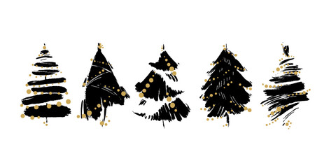 Hand drawn Christmas trees with decoration. Ink vector illustration new year greeting template. Artistic various shape new year trees composition horizontal card.