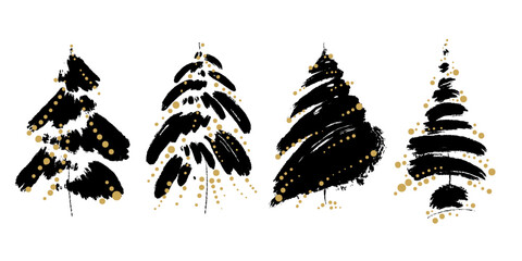 Hand drawn Christmas trees with decoration. Ink vector illustration new year greeting template. Artistic various shape new year trees composition horizontal card.