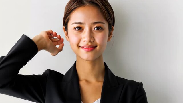 Confident Businesswoman: A poised young woman exudes confidence in a tailored blazer, embodying the essence of modern business acumen and poised authority. 