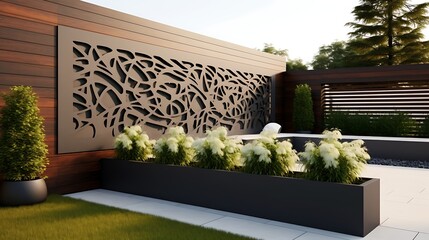 Contemporary garden design featuring decorative wall panel and lush flower bed arrangement