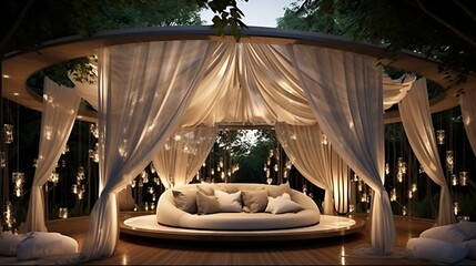 Luxurious outdoor lounge with soft drapery and ambient lighting perfect for relaxation